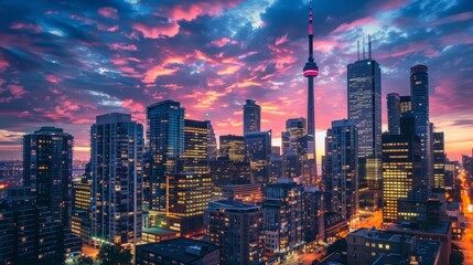 Obraz premium A bright and dynamic shot of a city skyline at sunset, with the buildings illuminated and the sky ablaze with warm colors
