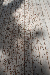 Tree debris cleaned out of roof rain gutters and landed on manufactured lumber wood deck, homeowner maintenance
