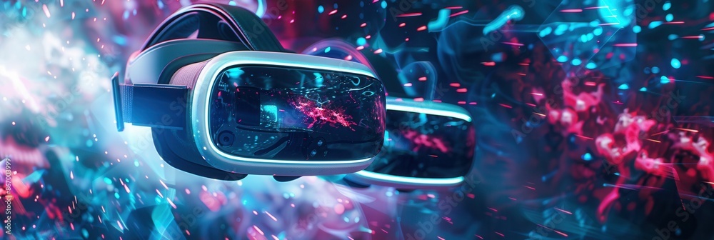 Poster vr headsets and ar glasses are immersed in a dynamic digital world, showcasing the power of immersiv
