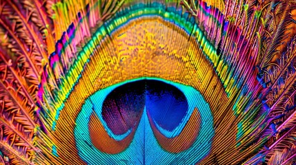 A detailed close-up of a bright and colorful peacock feather, with intricate patterns and vibrant hues © Kopgz-41
