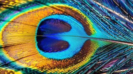 Obraz premium A detailed close-up of a bright and colorful peacock feather, with intricate patterns and vibrant hues