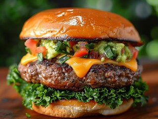 Southwestern burger with pepper jack cheese, guacamole, pico de gallo, and chipotle mayo, on a jalapeno cheddar bun