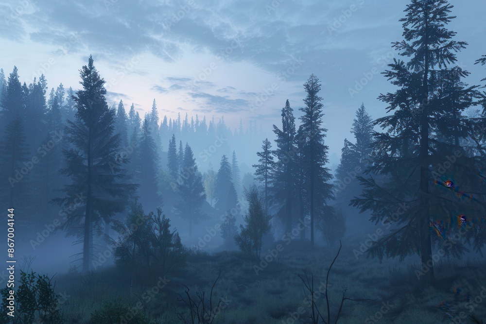 Aufkleber a misty dawn paints the forest in soft light, highlighting the tall trees as they stand against a ba