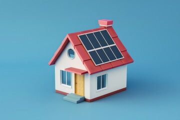 Solar cell on the roof, mini house, vector style, 3d