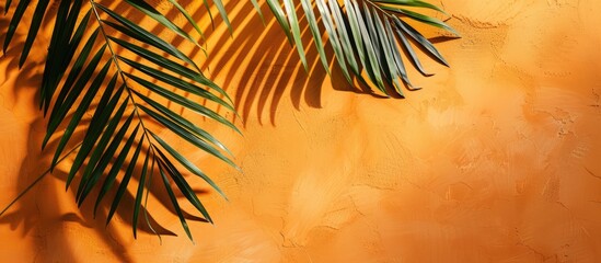 Tropical palm leaf casting shadow on vibrant orange background with Thanksgiving and Halloween elements. Product showcased against natural silhouette on wall in a flat lay setup.