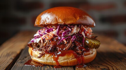Pulled pork burger with coleslaw, barbecue sauce, and pickles, on a soft brioche bun