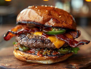 Smoky chipotle burger with chipotle mayo, cheddar cheese, crispy bacon, and jalapenos, on a toasted brioche bun