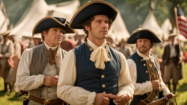 Illustration of historical reenactments during the 4th of July celebrations, actors in colonial costumes, flags, and period-appropriate decor, Historical and festive atmosphere.