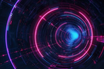 Fototapeta premium Abstract digital background, neon tunnel with glowing circles and lines, futuristic technology concept. perfect for websites, presentations, and digital art.