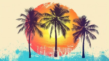 Fototapeta premium A vibrant and minimalistic image featuring three palm trees silhouetted against a sunset over a beach. Perfect for travel agencies and resorts. Generative AI