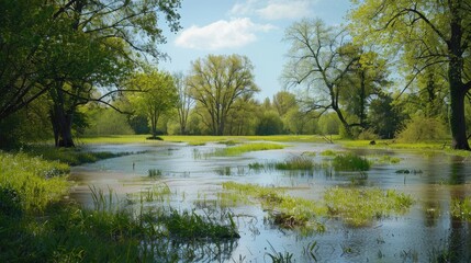 Fototapeta premium Meadow with trees affected by spring floods