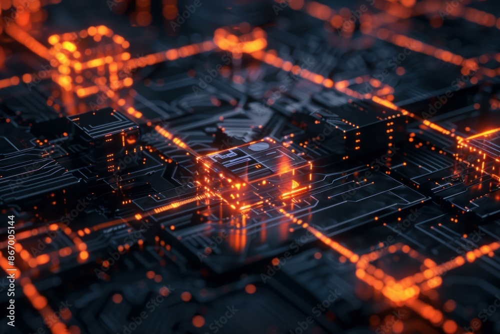Poster complex cpu is processing and transmitting data through illuminated lines on a motherboard