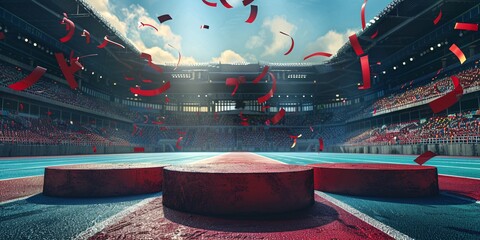 Red Olympic Podiums on a Track in a Stadium with Spectators and Mountainous Backdrop, Capturing the Spirit of Athletic Achievement.	
