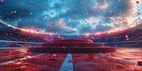 Red Olympic Podiums on a Track in a Stadium with Spectators and Mountainous Backdrop, Capturing the Spirit of Athletic Achievement.	