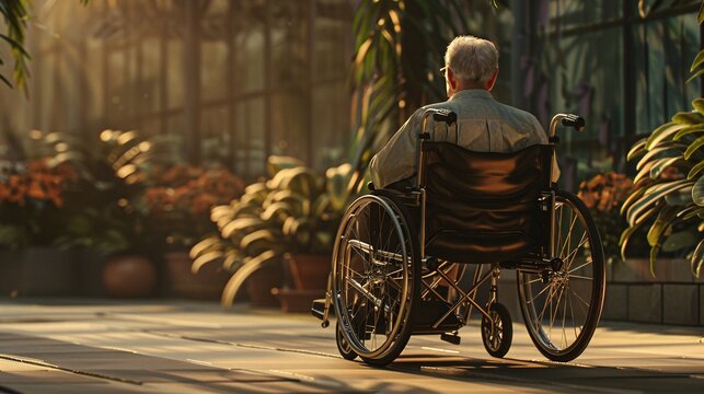 Elderly Man in Wheelchair in Modern Hallway - Senior Mobility, Independence, and Health Care Concept
