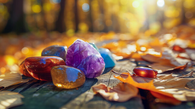 Healing gemstones arranged on a natural wooden table amidst an autumn forest, surrounded by fallen golden leaves and warm sunlight, creating a serene and rejuvenating atmosphere with copy-space
