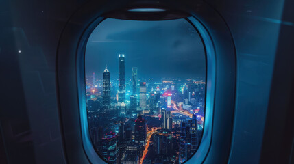 an airplane window, capturing a bustling cityscape at night