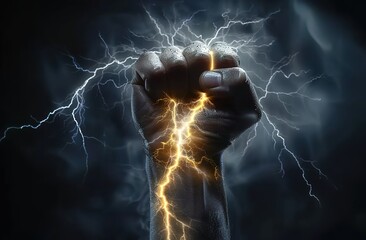 A hand raising a lightning bolt symbolizing energy and strength against a stormy backdrop with a blue radiance. References to Zeus and Thor.