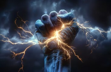 A hand raising a lightning bolt symbolizing energy and strength against a stormy backdrop with a blue radiance. References to Zeus and Thor.