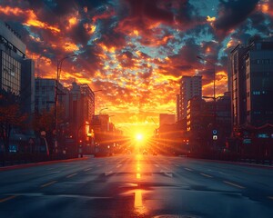 Obraz premium Beautiful sky with sunrise on a beautiful road through the middle of the capital. Both sides have pedestrian walkways and are full of tall buildings. Gives a feeling of hope and encouragement.