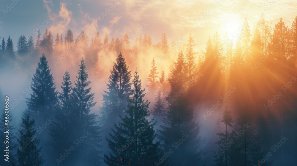 Poster A serene forest landscape at dawn, with trees illuminated by the first rays of sunlight. Mist swirls through the trees, creating a mystical atmosphere. Generative AI