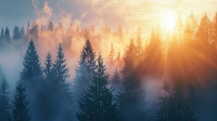 Obraz premium A serene forest landscape at dawn, with trees illuminated by the first rays of sunlight. Mist swirls through the trees, creating a mystical atmosphere. Generative AI