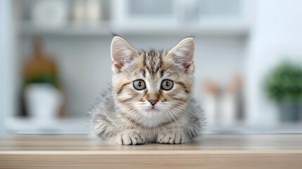 A sophisticated British Shorthair cat with a fancy bow tie, sitting on a sleek kitchen counter. List of Art Media Modern realistic