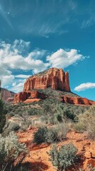Red rock formations under a bright blue sky with scattered clouds in arizona desert, natural landscape