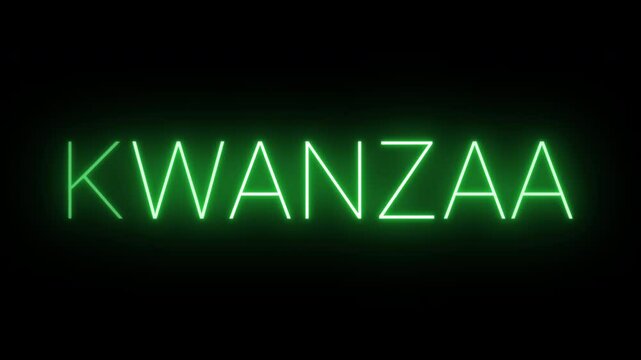 Flickering neon green glowing Kwanzaa text animated on black background - Powered by Adobe