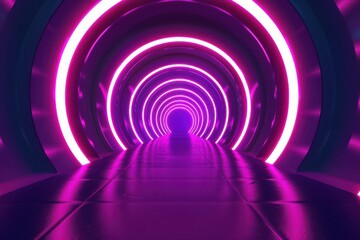 Naklejka premium Futuristic Neon Tunnel with Glowing Purple Lights. Concept for Cyberpunk, Technology, Metaverse