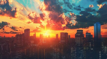 Fototapeta premium A breathtaking sunset casts a fiery glow over a bustling city skyline, showcasing the dynamic energy of urban living. Generative AI