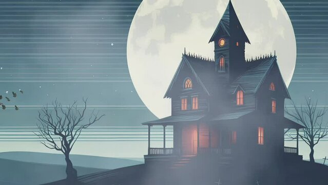 Old Spooky House Under the Moon Vector Stytle Background with Bats