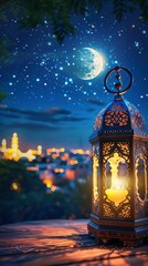 Lantern illuminated under a night sky with crescent moon and stars in the background, festive evening scenery, Ramadan concept
