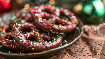 Festive chocolate-covered pretzels with holiday sprinkles