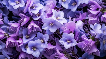 Blooming Larkspur flowers composition. A close-up of a cluster of vibrant purple and lavender flowers in full bloom, showcasing their delicate petals and intricate details. Full screen filled.