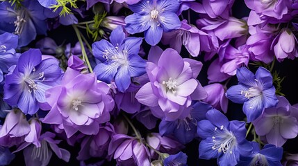 Larkspur flowers beauty texture. A close-up of a cluster of vibrant purple and blue flowers with delicate petals and green stems, set against a dark background. Full screen filled.