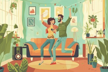 A couple listening to music, dancing and having fun together in the center of their vibrant living room