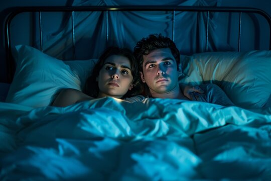 A couple watching TV in bed, hoping to fall asleep but looking exhausted and restless