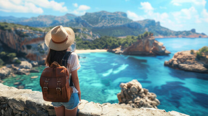 a woman with a straw hat and backpack standing on a stone wall, overlooking a stunning coastal landscape