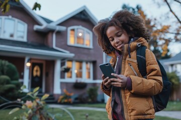 Fototapeta premium Parents using a smart home app to track their kids' arrival home from school, enhancing security and peace of mind