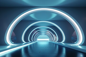 Naklejka premium Futuristic blue tunnel with glowing neon lights. Abstract modern architectural design for a virtual environment, game level, or science fiction concept.