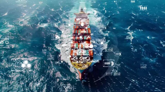 Digital maritime logistics with a cargo ship, advanced shipping technology