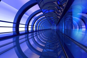 Fototapeta premium Futuristic blue hallway with curved windows and reflections. Abstract architecture and interior design concept for sci-fi, technology, and innovation.