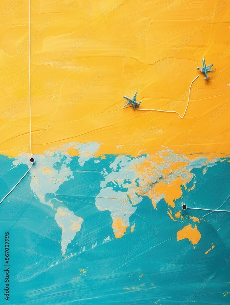 Aufkleber A simple and symbolic minimalist design featuring a world map with highlighted routes, perfect for travel agencies and global booking services. Generative AI
