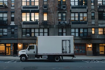 A moving truck parked outside a city apartment building, symbolizing urban relocation services tailored to city living