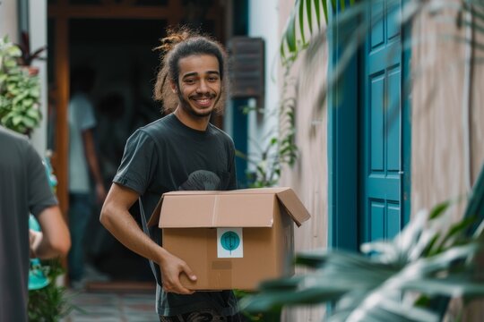 Professional movers transporting boxes and belongings into a new home, providing efficient and reliable moving services