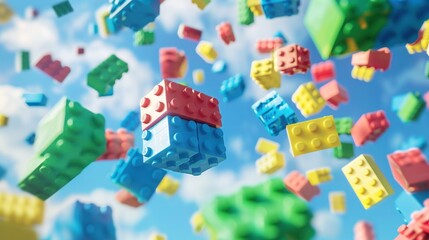 Block brick toys floating in the air, Construction building toys are falling for flyer, Children goods, Toys and games background.