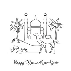 One continuous line drawing of Islamic New Year celebration vector illustration. Islamic religion themes design with simple linear vector concept. Islamic New Year mark the start of the Hijri calendar