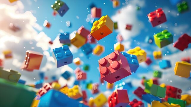Block brick toys floating in the air, Construction building toys are falling for flyer, Children goods, Toys and games background.