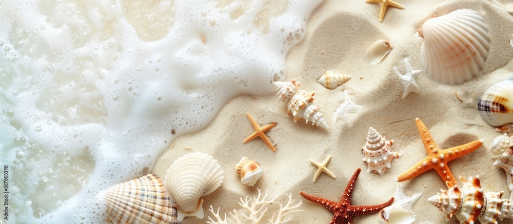 Canvas Prints Sea summer vacation background with white sandy beach, starfish, and seashells from a top-down perspective offering space for text.